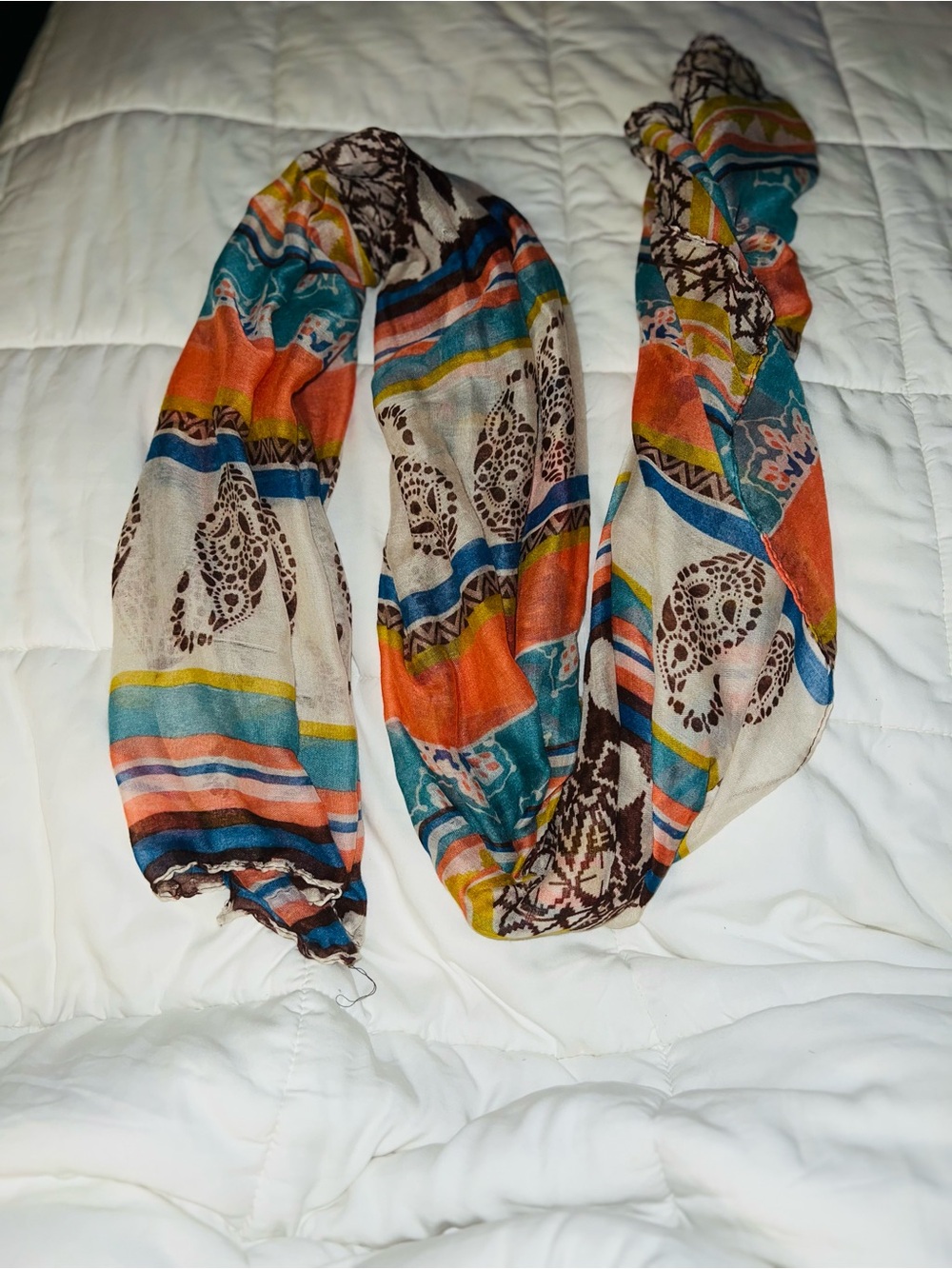 Lightweight Printed Scarf - Teal, Orange, Brown